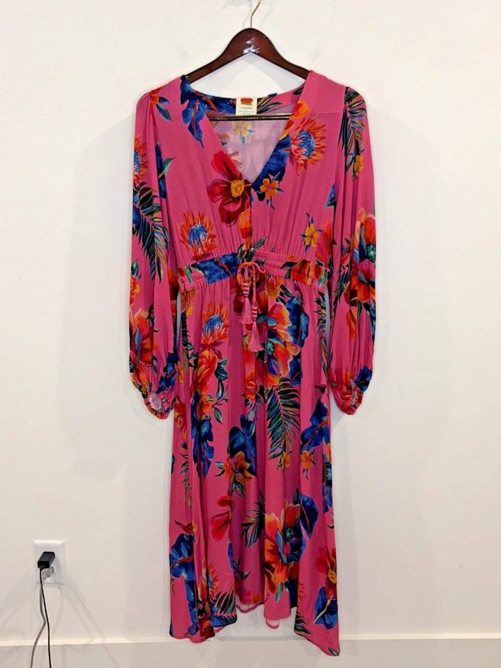 Farm Rio Anthropologie Midi Dress S Long Sleeve Floral Boho Tropical Pink Resort - Picture 5 of 16